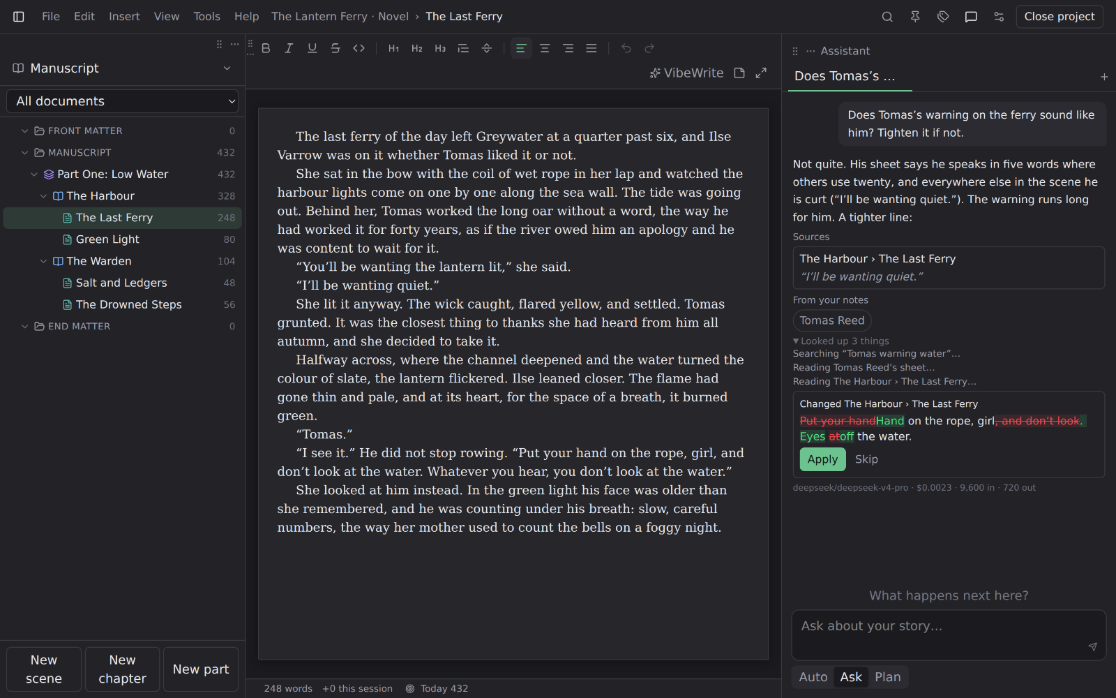 A scene open in the editor with the assistant beside it. It has answered the question “Does Tomas’s warning on the ferry sound like him?”, citing a line from the scene and the character sheet for Tomas Reed.