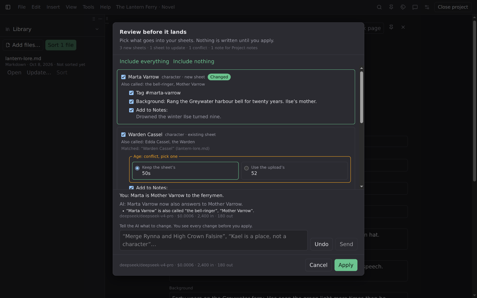 Review before it lands: uploaded notes sorted into sheets. Marta Varrow is a new character sheet with her aliases, a background line, and a note; Warden Cassel's age conflicts with the upload and waits for the author to pick.
