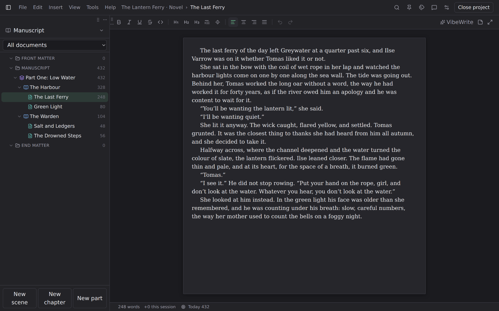 The MythScribe writing view. The binder on the left shows Part One: Low Water with the chapters The Harbour and The Warden and their scenes, each with a word count. The open scene, The Last Ferry, is set in a serif book column.